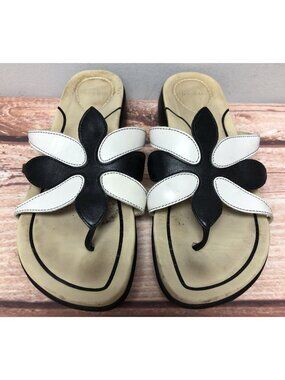 Dansko Womens 38/7.5-8 Black & White Leather Flower Thong Sandals